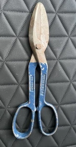 VINTAGE FORGED USA TIN SNIPS SHEARS SCISSORS BLUE HANDLE SOLID STEEL 10” - Picture 1 of 4