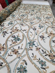 Olive Green Mesh Multicolor Teal Gold Beaded Lace Fabric Sold By The Yard Prom - Picture 1 of 14