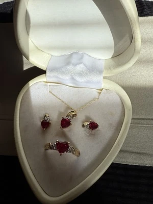 Ruby Necklace, Earrings, Ring in 10k gold, diamonds 3 Pc Size 6.5 - Image 1 of 4