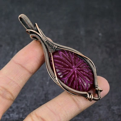 Carved Ruby(Simualted) Handmade Copper Wire Wrap Pendant Jewelry 3.31" Gift J251 - Изображение 1 из 4