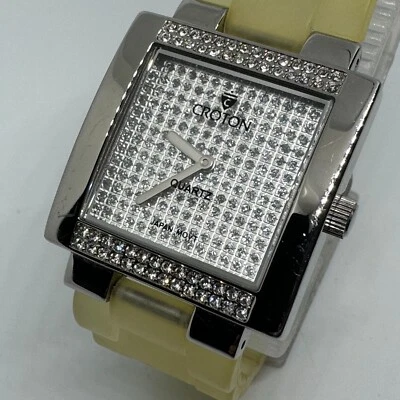Croton Quartz Watch Unisex Silver Square Rhinestone Japan Movt Analog New Batter - Image 1 of 4