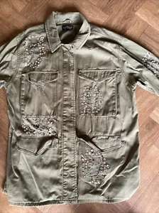 Topshop Size 14 Petite Khaki Jacket Army Camouflage Jacket With Crystal Stones - Picture 1 of 8