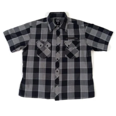 Point Zero Shirt Mens Size Medium Short Sleeve Button Up Black Plaid Pockets - Image 1 of 4