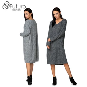 Women Long Sleeve V-Neck Casual Midi Dress Everyday Oversize Tunic Jumper FT3952 - Picture 1 of 5