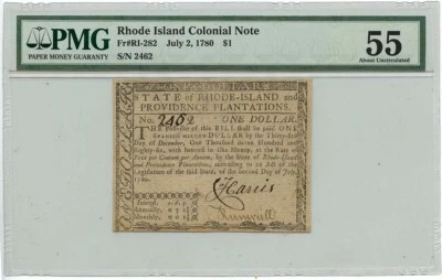 1780 July 2, $1 Rhode Island Colonial Note FR#RI-282 PMG AU55 Fully Signed - Image 1 of 2