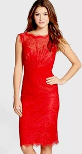 Tadashi Shoji Lace Scallop Pencil Lipstick Red Feminine Sheath Dress 6 Worn 1X - Picture 1 of 9