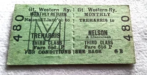 A VINTAGE, Gt WESTERN Ry, TREHARRIS TO NELSON:, 1964 MONTHLY Rn, RAILWAY TICKET. - Picture 1 of 2