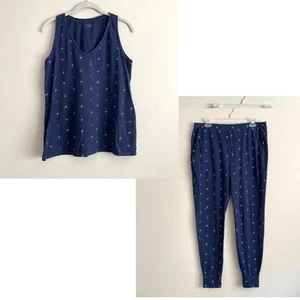 Garnet Hill Damen Bio Baumwolle Pyjama Set Größe Large Navy Weiß Tank Jogginghose - Bild 1 von 12