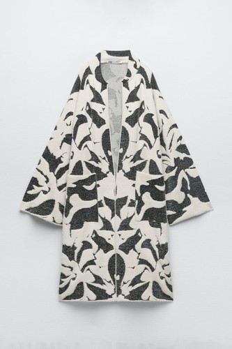 OFF WHITE CAPPOTTO COATIGAN ZARA OFF WHITE BLACK JACQUARD MAGLIA TAGLIA M L NUOVO