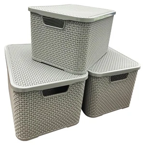 Home/Kitchen/Bathroom Light Grey Rattan Effect Storage Baskets With Lids - Picture 1 of 3