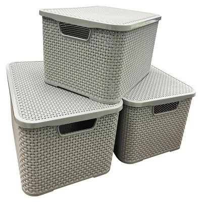 Home/Kitchen/Bathroom Light Grey Rattan Effect Storage Baskets With Lids - Image 1 of 3