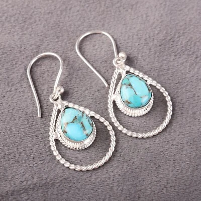 Pendientes colgantes de piedras preciosas turquesa cobre plata de ley 925 joyería hecha a mano Foto 1 de 4