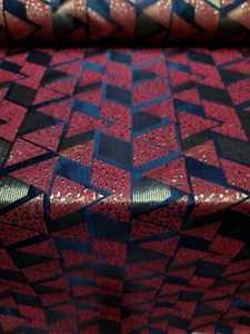 Red Gold Metallic Brocade Fabric Sold By The Yard Black Geometric Triangle - Picture 1 of 12