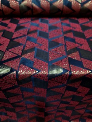 Red Gold Metallic Brocade Fabric Sold By The Yard Black Geometric Triangle  - Image 1 of 4