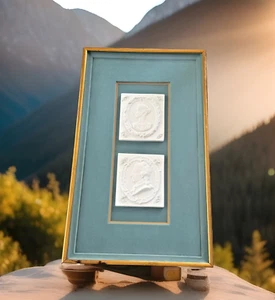 One Pair of Gold Framed and Green Matted Vintage Bas Relief Tiles 26.75"x15.75" - Picture 1 of 13