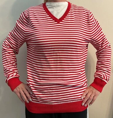 BASIC H&M Sweater Pullover 95% Cotton Knit Red White Stripes Long Sleeves Sz.L - Image 1 of 4