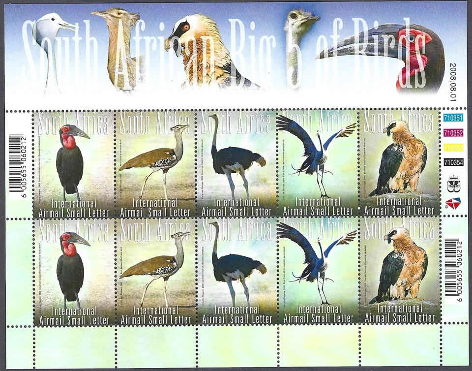 África do Sul 2008. Pássaros. Folha completa de 2 tiras de 5 Sc# C85a-e, sem marca de charneira - Imagem 1 de 1