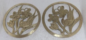 Matching Pair (2 count) Brass Trivets. Butterflys and tulips. - Picture 1 of 2