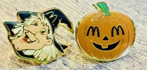 Set Of Vtg. McDonald's HALLOWEEN JACK-O-LANTERN & WITCH Enamel Employee Tie Pins - Picture 1 of 4