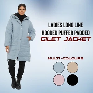 Ladies Long Line Hooded Puffer Gilet Jacket Side Zips Pocket Padded Body Warmer - Picture 1 of 10