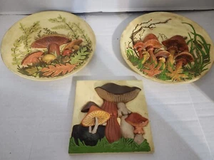 3 Vintage Hippy Retro Ceramic MUSHROOM wall ART Decor Plaques 3D 1960's-70's - Picture 1 of 2