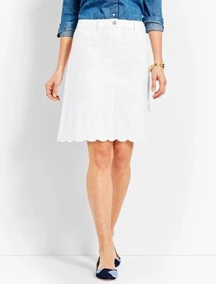 TALBOTS Embroidered Scallop-Hem Jean Skirt 6 White Denim Pencil Eyelet EUC - Image 1 of 4