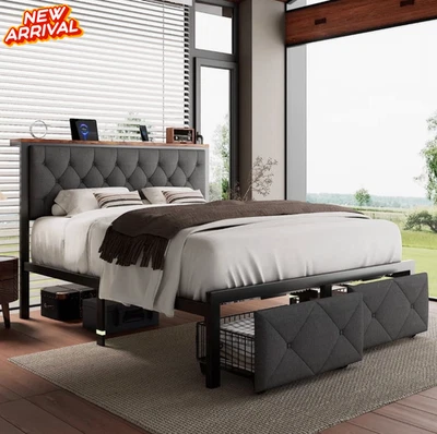 Marco De Cama Plataforma Tapizada de Lino Cama Cabecera con Cajones Queen Gris - Image 1 of 4