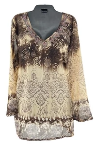 Susan Graver Damen große halbtransparente Boho Tunika verziert V-Ausschnitt Langarm - Bild 1 von 5