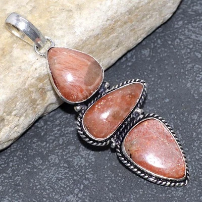 Colgante Largo Piedra Solar 925 Chapado en Plata 2.6" Boho Festival Joyería GW Foto 1 de 3