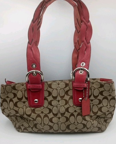 Borsa a tracolla Coach Signature marrone jacquard tela rosa intrecciata pelle tracolla