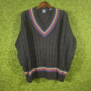 Vintage GAP Knit Sweater Mens XL Tennis V Neck Black VTG Cable Knit - Picture 1 of 8