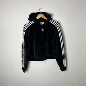 Adidas Hoodie Jumper Women's Size 10 Black Velour Cropped Pullover
