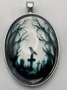 Silver Tone Large Goth Pendant Crow on Gravestone Spooky Trees Graveyard $0 Ship - Picture 1 of 3