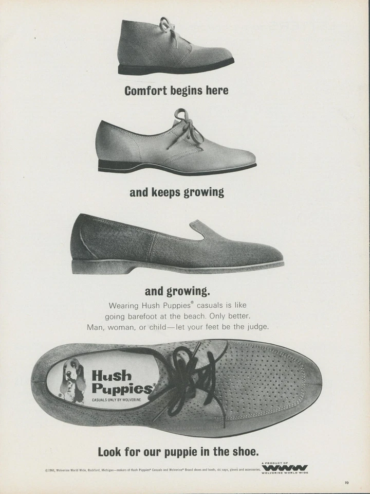 1966 Sapatos Hush Puppies Casuais Basset Hound Dog Wolverine Estampa Vintage Anúncio L8 - Imagem 1 de 1