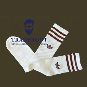 adidas Men cream white with brown stripe and logo crew socks size M L - Picture 1 of 6
