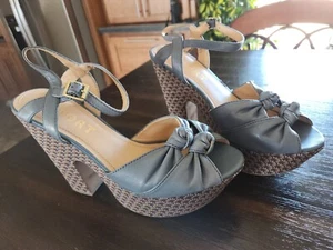  Report Platform Denim Blue Slingback Wedges Sz 10 Wear Front Toe Sole Area.  - Picture 1 of 5