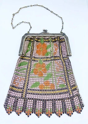 Art Deco Whiting & Davis w/ Bold Bright Orange Flowers Enamel Mesh Flapper Purse - Image 1 of 4
