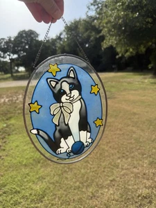 VINTAGE CAT STAINED GLASS HOME DECOR WINDOW Sun Catcher Art Glass READ - Picture 1 of 10