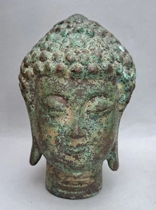 TETE DE BOUDDHA EN BRONZE A PATINE VERTE + SOCLE / BUSTE EN BOIS / CHINE / TIBET - Picture 1 of 10