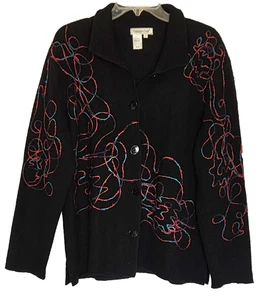 Coldwater Creek Cardigan Sweater Size XL 100% Wool Embroidered Swirls Black - Picture 1 of 10