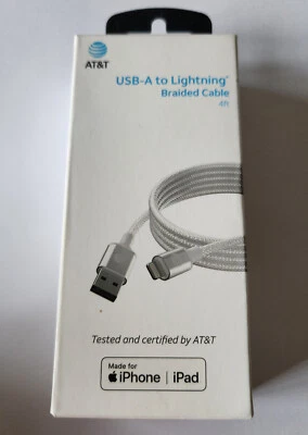 NEW White AT&T 4ft Braided USB-A to Lightning for Apple iPhone iPad in Retail Pk - Image 1 of 4