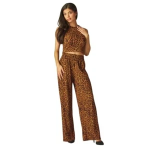 Leopard Print Two Piece Set Crop Top Wide Leg Pants Loungewear - Picture 1 of 4