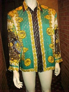 VINTAGE MEN'S SILK METALLIC GREEK & ROMAN MULTICOLOR TURQUOISE SHIRT SIZE SMALL - Picture 1 of 12