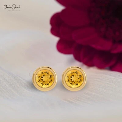 1/2CTW Citrine Round Faceted 14k Solid Gold Stud Earrings For Women Wedding Gift - Image 1 of 4