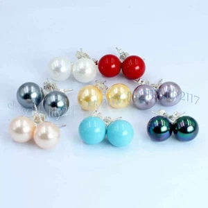 8 Pairs 8/10/12/14mm Round Multicolor South Sea Shell Pearl Silver Stud Earrings - Picture 1 of 8