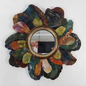 Hand Made Stained Glass Art Mosaic Accent Mirror Artist Signed Boho 9.75" OOAK - Picture 1 of 10