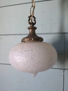 Vtg Hanging Lamp Swag Glass Pendant Corded Chain Speckled TESTED brass white - Picture 1 of 18