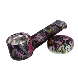 Glow-in-dark Silicone Smoking Pipe, Metal bowl & Cap Lid ~ Sugar skulls ~ 3.5 in - Picture 1 of 1