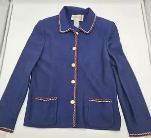 VTG Castleberry Womens Knit Cardigan Jacket Blazer Size 14 Blue Gold Military - Picture 1 of 14