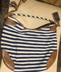 Lauren Ralph Lauren blau-weiß gestreifte Boho Handtasche braun Lederakzente Y2K - Bild 1 von 16